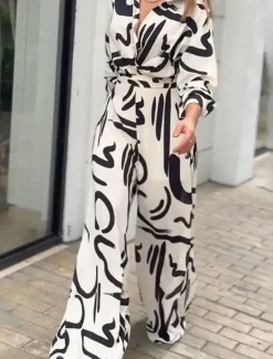 Outlet Women's Normal Jumpsuit Stylish Geometric Long Sleeve Shirt Collar Belted Vacation Party Loose Fit Spring Women Jumpsuits