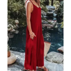 Sale Women's Normal Jumpsuit Streetwear Solid Color Sleeveless V Neck Backless Street Daily Regular Fit Black White Wine Summer Women Jumpsuits