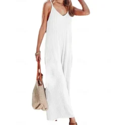 Sale Women's Normal Jumpsuit Streetwear Solid Color Sleeveless V Neck Backless Street Daily Regular Fit Black White Wine Summer Women Jumpsuits