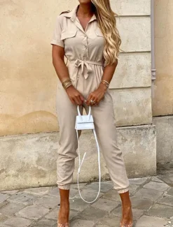 Clearance Women's Normal Jumpsuit Streetwear Solid Color Short Sleeve Shirt Collar Pocket Drawstring Street Daily Regular Fit Black White Wine Summer Women Jumpsuits