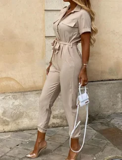 Clearance Women's Normal Jumpsuit Streetwear Solid Color Short Sleeve Shirt Collar Pocket Drawstring Street Daily Regular Fit Black White Wine Summer Women Jumpsuits