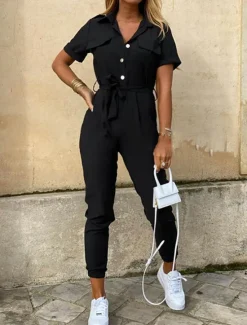 Clearance Women's Normal Jumpsuit Streetwear Solid Color Short Sleeve Shirt Collar Pocket Drawstring Street Daily Regular Fit Black White Wine Summer Women Jumpsuits