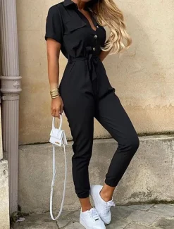 Clearance Women's Normal Jumpsuit Streetwear Solid Color Short Sleeve Shirt Collar Pocket Drawstring Street Daily Regular Fit Black White Wine Summer Women Jumpsuits