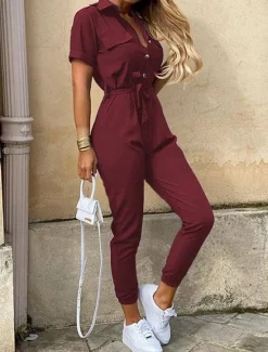 Clearance Women's Normal Jumpsuit Streetwear Solid Color Short Sleeve Shirt Collar Pocket Drawstring Street Daily Regular Fit Black White Wine Summer Women Jumpsuits