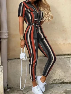 Clearance Women's Normal Jumpsuit Streetwear Solid Color Short Sleeve Shirt Collar Pocket Drawstring Street Daily Regular Fit Black White Wine Summer Women Jumpsuits