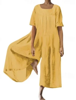 Sale Women's Normal Jumpsuit Streetwear Solid Color Short Sleeve Square Neck Street Going out Regular Fit Yellow Wine Army Green Summer Women Jumpsuits