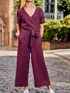 Hot Women's Normal Jumpsuit Streetwear Solid Color Short Sleeve V Neck Lace up Pocket Street Daily Regular Fit Black Fuchsia Khaki Summer Women Jumpsuits