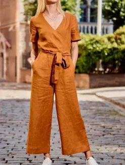 Hot Women's Normal Jumpsuit Streetwear Solid Color Short Sleeve V Neck Lace up Pocket Street Daily Regular Fit Black Fuchsia Khaki Summer Women Jumpsuits