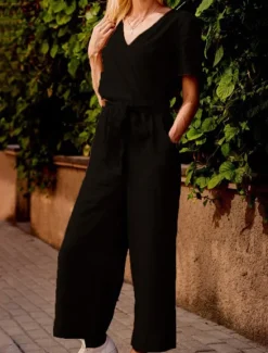 Hot Women's Normal Jumpsuit Streetwear Solid Color Short Sleeve V Neck Lace up Pocket Street Daily Regular Fit Black Fuchsia Khaki Summer Women Jumpsuits