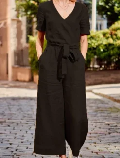 Hot Women's Normal Jumpsuit Streetwear Solid Color Short Sleeve V Neck Lace up Pocket Street Daily Regular Fit Black Fuchsia Khaki Summer Women Jumpsuits