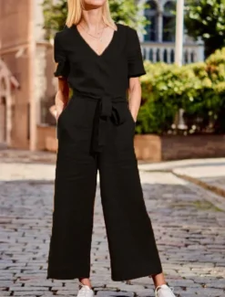 Hot Women's Normal Jumpsuit Streetwear Solid Color Short Sleeve V Neck Lace up Pocket Street Daily Regular Fit Black Fuchsia Khaki Summer Women Jumpsuits