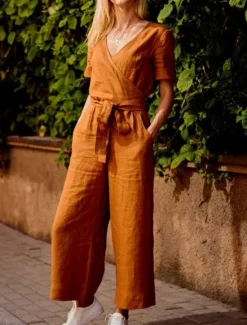 Hot Women's Normal Jumpsuit Streetwear Solid Color Short Sleeve V Neck Lace up Pocket Street Daily Regular Fit Black Fuchsia Khaki Summer Women Jumpsuits