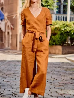 Hot Women's Normal Jumpsuit Streetwear Solid Color Short Sleeve V Neck Lace up Pocket Street Daily Regular Fit Black Fuchsia Khaki Summer Women Jumpsuits