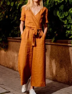 Hot Women's Normal Jumpsuit Streetwear Solid Color Short Sleeve V Neck Lace up Pocket Street Daily Regular Fit Black Fuchsia Khaki Summer Women Jumpsuits