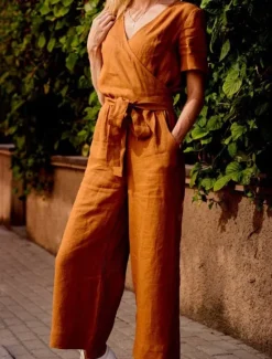 Hot Women's Normal Jumpsuit Streetwear Solid Color Short Sleeve V Neck Lace up Pocket Street Daily Regular Fit Black Fuchsia Khaki Summer Women Jumpsuits