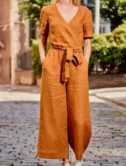 Hot Women's Normal Jumpsuit Streetwear Solid Color Short Sleeve V Neck Lace up Pocket Street Daily Regular Fit Black Fuchsia Khaki Summer Women Jumpsuits