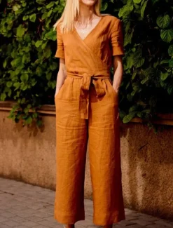 Hot Women's Normal Jumpsuit Streetwear Solid Color Short Sleeve V Neck Lace up Pocket Street Daily Regular Fit Black Fuchsia Khaki Summer Women Jumpsuits