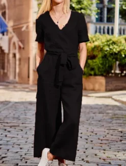Hot Women's Normal Jumpsuit Streetwear Solid Color Short Sleeve V Neck Lace up Pocket Street Daily Regular Fit Black Fuchsia Khaki Summer Women Jumpsuits