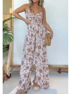 New Women's Normal Jumpsuit Streetwear Floral Spaghetti Strap V Neck Print Street Daily Regular Fit Pink Blue Khaki Summer Women Jumpsuits