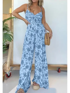 New Women's Normal Jumpsuit Streetwear Floral Spaghetti Strap V Neck Print Street Daily Regular Fit Pink Blue Khaki Summer Women Jumpsuits