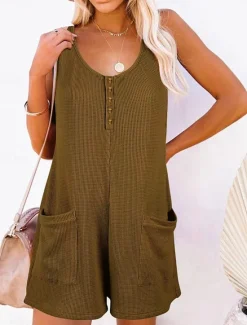 Clearance Women's Normal Jumpsuit Streetwear Solid Color Sleeveless V Neck Buttons Pocket Street Daily Regular Fit Black Pink Wine Summer Women Rompers|Overalls