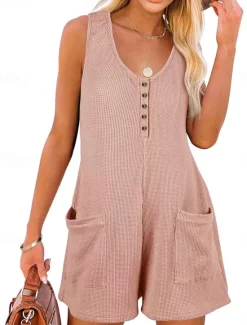Clearance Women's Normal Jumpsuit Streetwear Solid Color Sleeveless V Neck Buttons Pocket Street Daily Regular Fit Black Pink Wine Summer Women Rompers|Overalls
