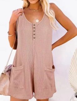 Clearance Women's Normal Jumpsuit Streetwear Solid Color Sleeveless V Neck Buttons Pocket Street Daily Regular Fit Black Pink Wine Summer Women Rompers|Overalls