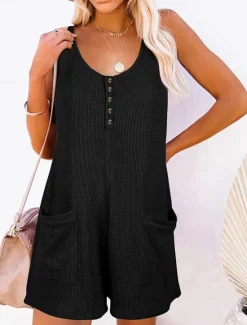 Clearance Women's Normal Jumpsuit Streetwear Solid Color Sleeveless V Neck Buttons Pocket Street Daily Regular Fit Black Pink Wine Summer Women Rompers|Overalls