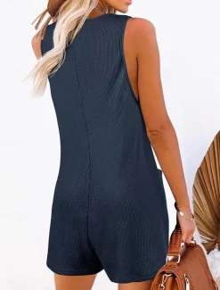 Clearance Women's Normal Jumpsuit Streetwear Solid Color Sleeveless V Neck Buttons Pocket Street Daily Regular Fit Black Pink Wine Summer Women Rompers|Overalls