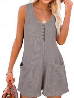 Clearance Women's Normal Jumpsuit Streetwear Solid Color Sleeveless V Neck Buttons Pocket Street Daily Regular Fit Black Pink Wine Summer Women Rompers|Overalls