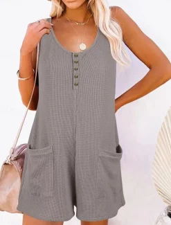 Clearance Women's Normal Jumpsuit Streetwear Solid Color Sleeveless V Neck Buttons Pocket Street Daily Regular Fit Black Pink Wine Summer Women Rompers|Overalls