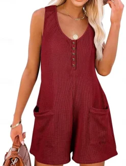 Clearance Women's Normal Jumpsuit Streetwear Solid Color Sleeveless V Neck Buttons Pocket Street Daily Regular Fit Black Pink Wine Summer Women Rompers|Overalls