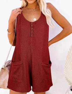 Clearance Women's Normal Jumpsuit Streetwear Solid Color Sleeveless V Neck Buttons Pocket Street Daily Regular Fit Black Pink Wine Summer Women Rompers|Overalls