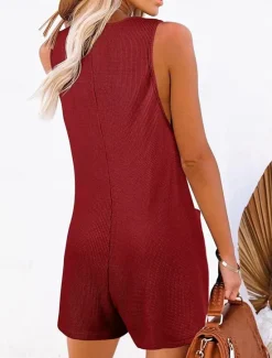 Clearance Women's Normal Jumpsuit Streetwear Solid Color Sleeveless V Neck Buttons Pocket Street Daily Regular Fit Black Pink Wine Summer Women Rompers|Overalls