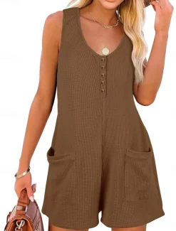 Clearance Women's Normal Jumpsuit Streetwear Solid Color Sleeveless V Neck Buttons Pocket Street Daily Regular Fit Black Pink Wine Summer Women Rompers|Overalls