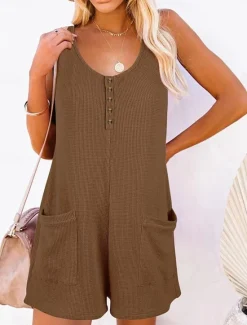 Clearance Women's Normal Jumpsuit Streetwear Solid Color Sleeveless V Neck Buttons Pocket Street Daily Regular Fit Black Pink Wine Summer Women Rompers|Overalls