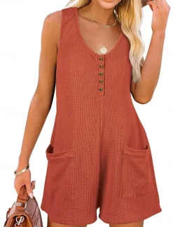 Clearance Women's Normal Jumpsuit Streetwear Solid Color Sleeveless V Neck Buttons Pocket Street Daily Regular Fit Black Pink Wine Summer Women Rompers|Overalls