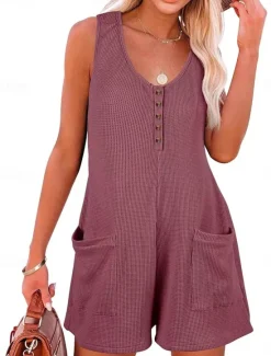 Clearance Women's Normal Jumpsuit Streetwear Solid Color Sleeveless V Neck Buttons Pocket Street Daily Regular Fit Black Pink Wine Summer Women Rompers|Overalls
