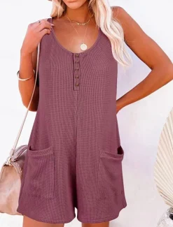 Clearance Women's Normal Jumpsuit Streetwear Solid Color Sleeveless V Neck Buttons Pocket Street Daily Regular Fit Black Pink Wine Summer Women Rompers|Overalls