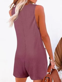 Clearance Women's Normal Jumpsuit Streetwear Solid Color Sleeveless V Neck Buttons Pocket Street Daily Regular Fit Black Pink Wine Summer Women Rompers|Overalls