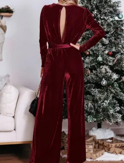 Clearance Women's Normal Jumpsuit Stylish Solid Color Long Sleeve Deep V Belted Vacation Party Regular Fit Black Red Blue Spring Women Jumpsuits