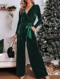 Clearance Women's Normal Jumpsuit Stylish Solid Color Long Sleeve Deep V Belted Vacation Party Regular Fit Black Red Blue Spring Women Jumpsuits
