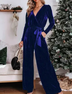 Clearance Women's Normal Jumpsuit Stylish Solid Color Long Sleeve Deep V Belted Vacation Party Regular Fit Black Red Blue Spring Women Jumpsuits