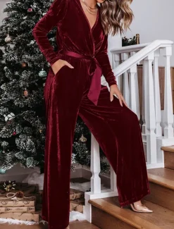 Clearance Women's Normal Jumpsuit Stylish Solid Color Long Sleeve Deep V Belted Vacation Party Regular Fit Black Red Blue Spring Women Jumpsuits