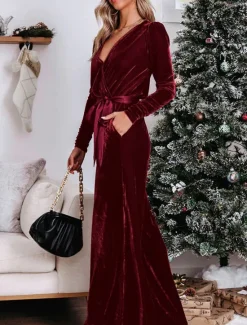 Clearance Women's Normal Jumpsuit Stylish Solid Color Long Sleeve Deep V Belted Vacation Party Regular Fit Black Red Blue Spring Women Jumpsuits