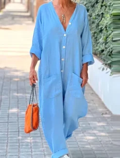 Clearance Women's Normal Jumpsuit Streetwear Solid Color Long Sleeve Straight V Neck Buttons Pocket Street Daily Regular Fit White Light Blue Summer Women Jumpsuits