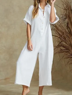 Best Women's Normal Jumpsuit Streetwear Solid Color Half Sleeve Shirt Collar Buttons Daily Holiday Regular Fit Black White Khaki Summer Women Jumpsuits