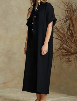 Best Women's Normal Jumpsuit Streetwear Solid Color Half Sleeve Shirt Collar Buttons Daily Holiday Regular Fit Black White Khaki Summer Women Jumpsuits