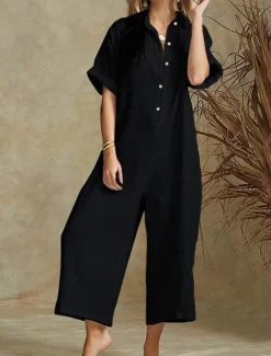 Best Women's Normal Jumpsuit Streetwear Solid Color Half Sleeve Shirt Collar Buttons Daily Holiday Regular Fit Black White Khaki Summer Women Jumpsuits