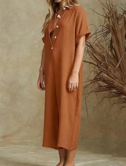 Best Women's Normal Jumpsuit Streetwear Solid Color Half Sleeve Shirt Collar Buttons Daily Holiday Regular Fit Black White Khaki Summer Women Jumpsuits